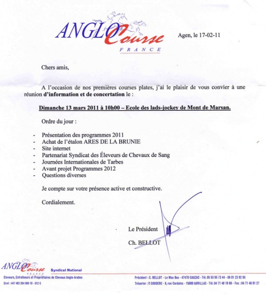 La lettre d'information pour la réunion du 13 mars 2011 à Agen
